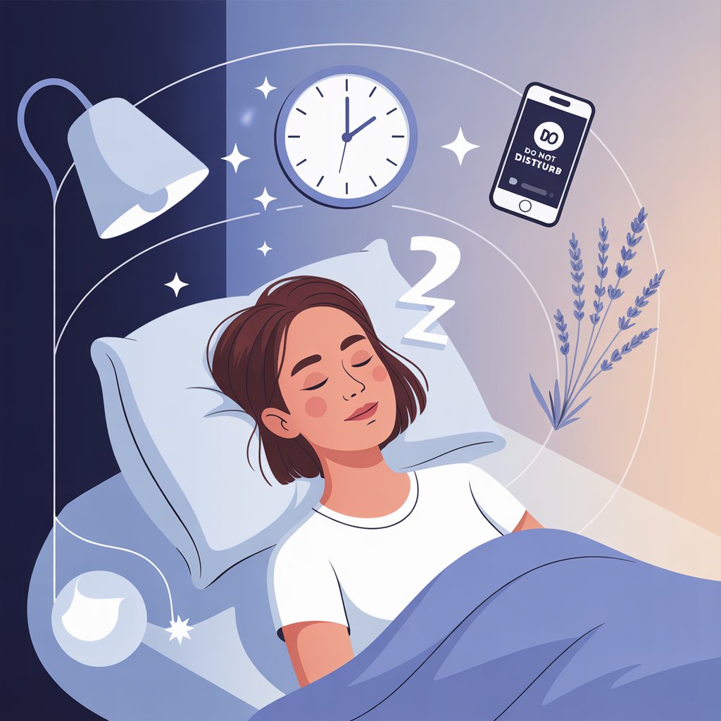 A woman peacefully sleeping in bed, with her phone and clock nearby, illustrating tips on how to fall asleep fast.