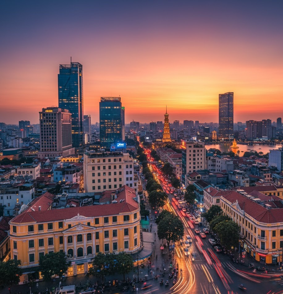 Home A panoramic view of Ho Chi Minh City at sunset, highlighting the city's skyline and warm hues of the sky in Vietnam.