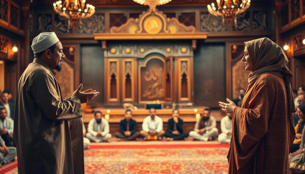 Hamd in Urdu - Only You Are Life and Eternity A man and woman in traditional clothing engage in conversation, sharing a moment of Hamd in Urdu culture.