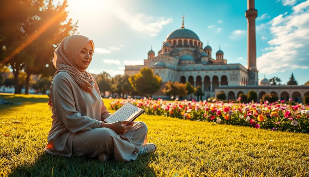 Islamic Poetry that Inspires Imaan Muslim woman reading the holy book in front of a mosque, reflecting on Islamic poetry and spirituality.