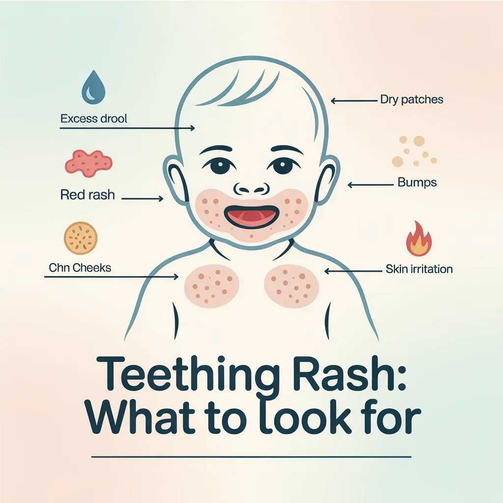 teething rash symptoms diagram showing red bumps dry patches and skin irritation in baby