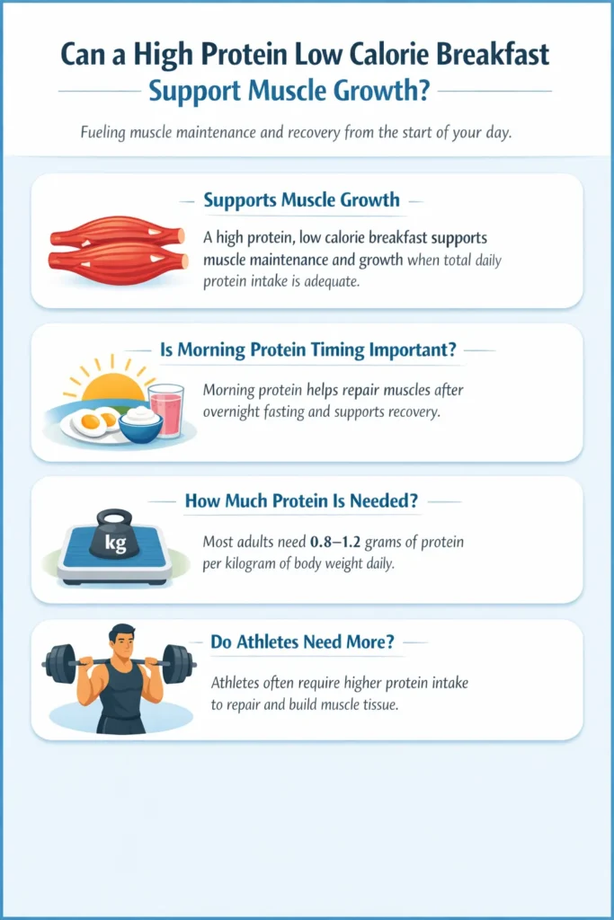 High-protein low-calorie Breakfast - Learn Breakfast Ideas High-protein, low-calorie breakfast infographic explaining muscle growth, protein needs, and morning recovery benefits