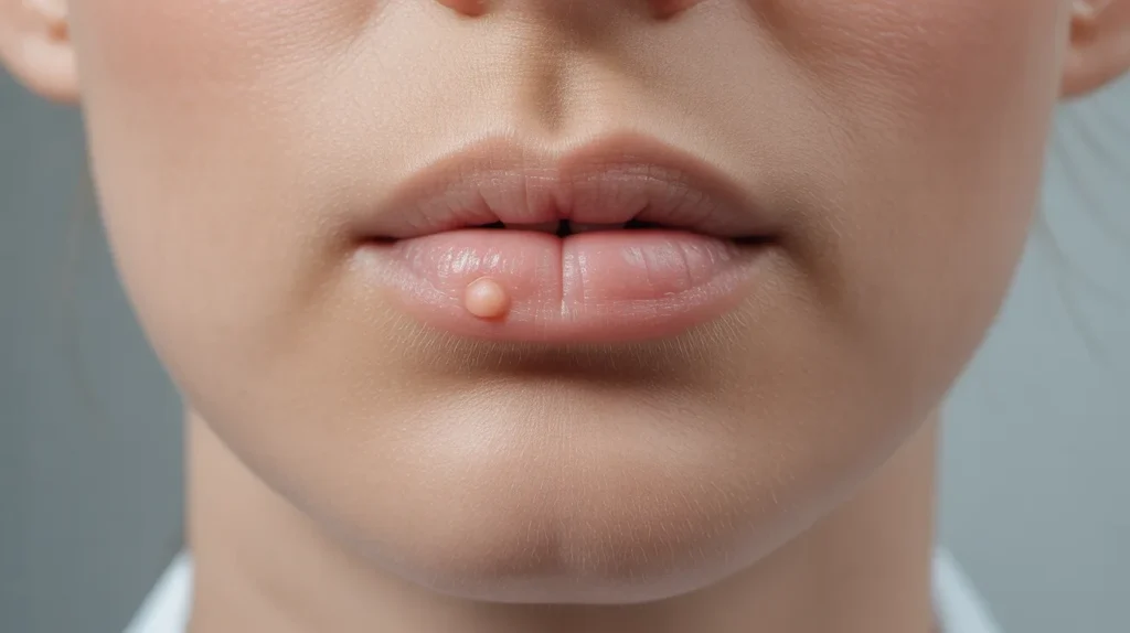 close up of bump on the lip showing transparent fluid filled blister on lower lip.webp