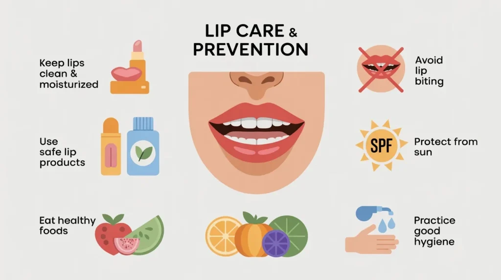 lip care and prevention infographic for bump on the lip with hygiene sun protection tips.webp