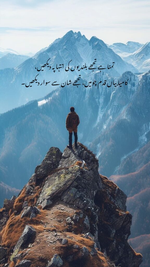 motivational urdu poetry man standing on mountain peak success and determination theme