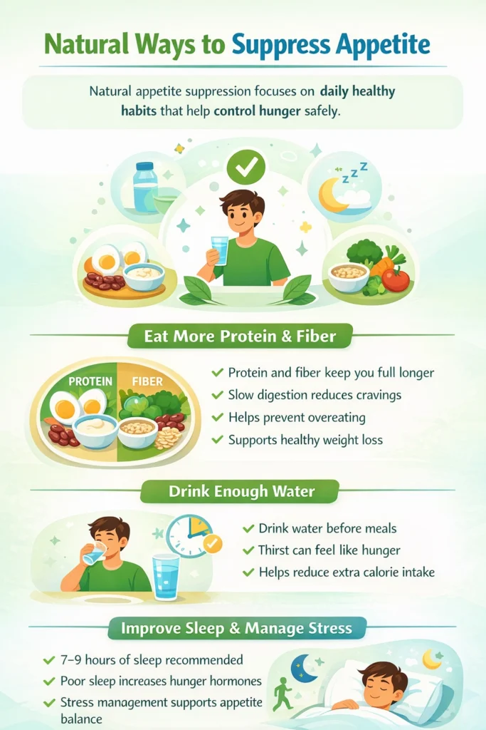 Appetite Suppression - Smart Food Choices Infographic showing pillars of health like protein, fiber, hydration, sleep, and stress management for appetite control.