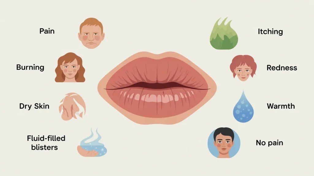 symptoms of bump on the lip showing pain itching redness burning dry skin and blisters.webp