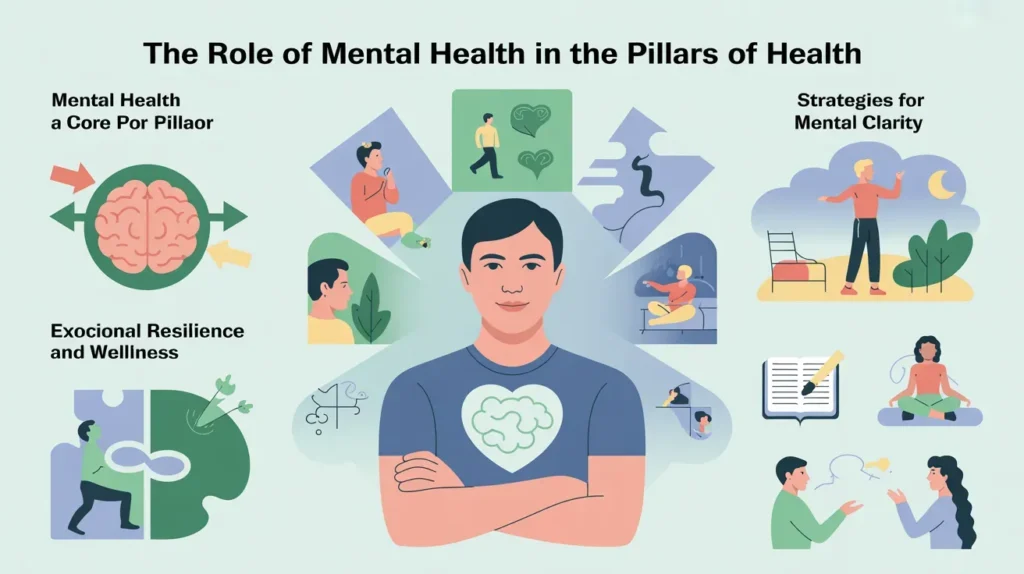 Pillars of Health - Improve Pillars of Health Role of mental health in pillars of health infographic showing resilience, meditation, journaling, and stress management.