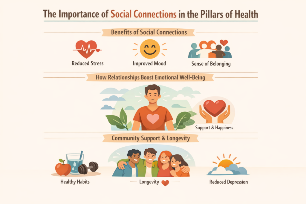 Pillars of Health - Improve Pillars of Health Social connections in pillars of health infographic showing reduced stress, support, happiness, and longevity benefits.
