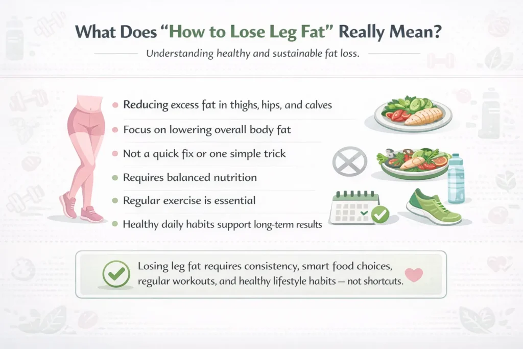 how to lose leg fat meaning infographic explaining thigh hip calf fat loss with healthy diet exercise and lifestyle habits