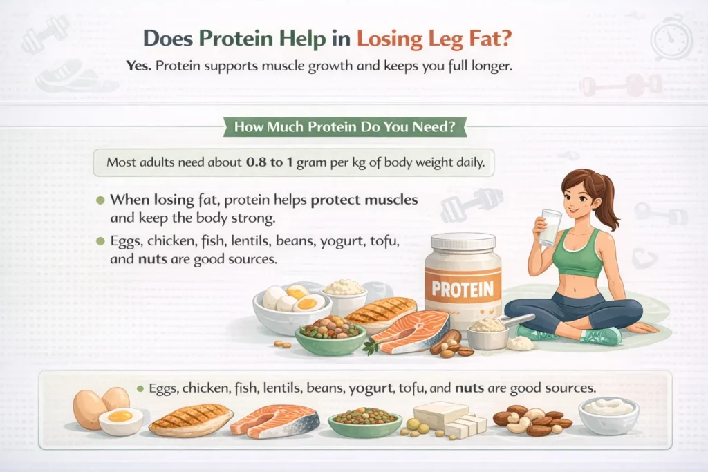 how to lose leg fat protein benefits infographic showing eggs chicken fish lentils beans yogurt tofu and nuts for fat loss diet