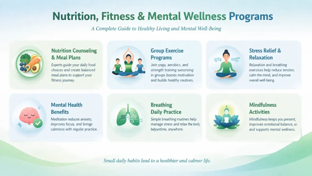 nutrition fitness mental wellness programs healthy lifestyle guide meditation breathing exercise balanced meal plans