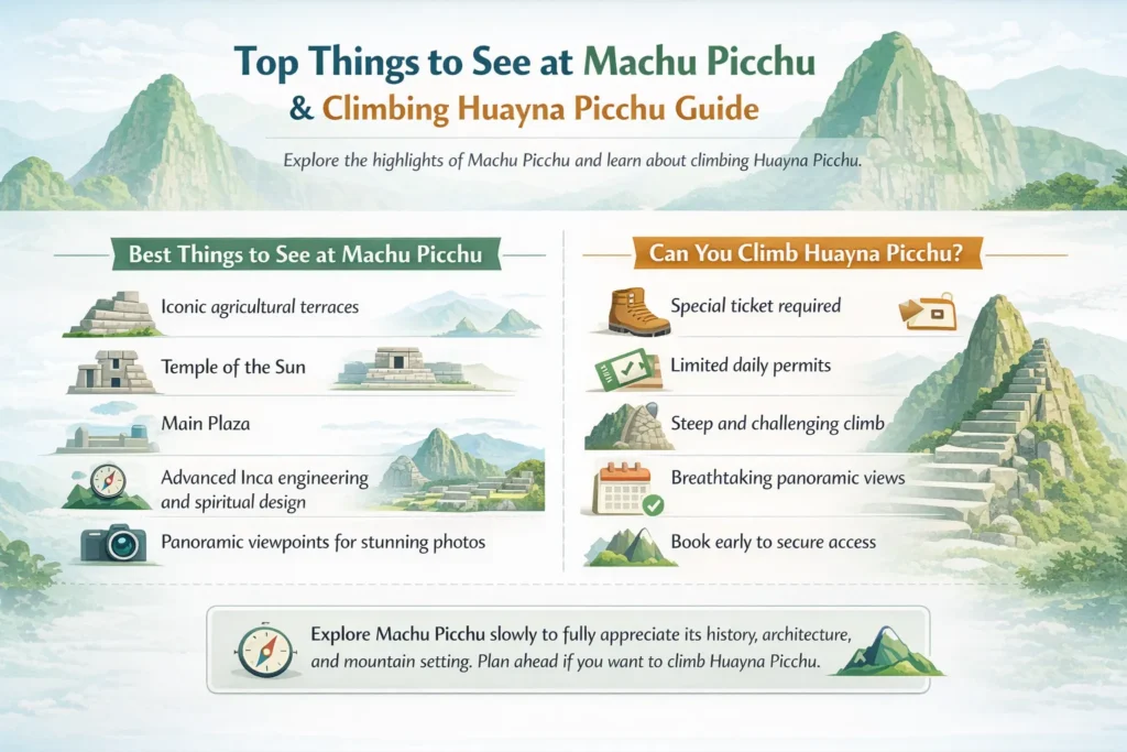 top things to see at machu picchu and huayna picchu climbing guide showing terraces temple of the sun viewpoints and hiking details