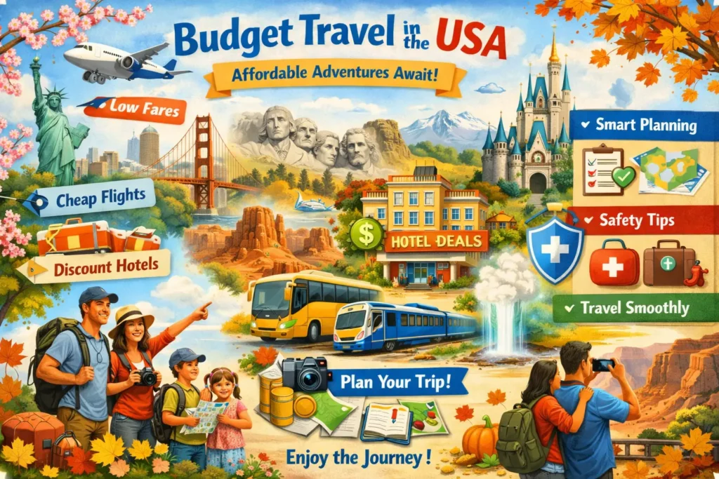 Best Places to Visit in the USA - Discover Places budget travel in usa infographic cheap flights discount hotels transportation tips affordable trip planning guide