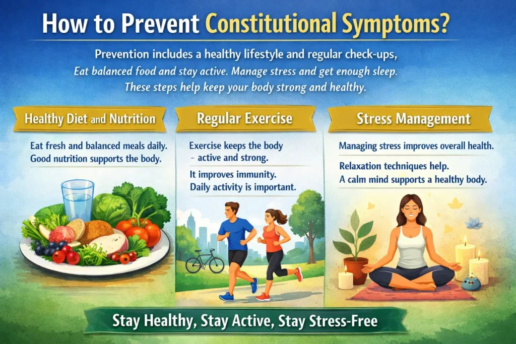 how to prevent constitutional symptoms healthy diet exercise stress management lifestyle tips infographic