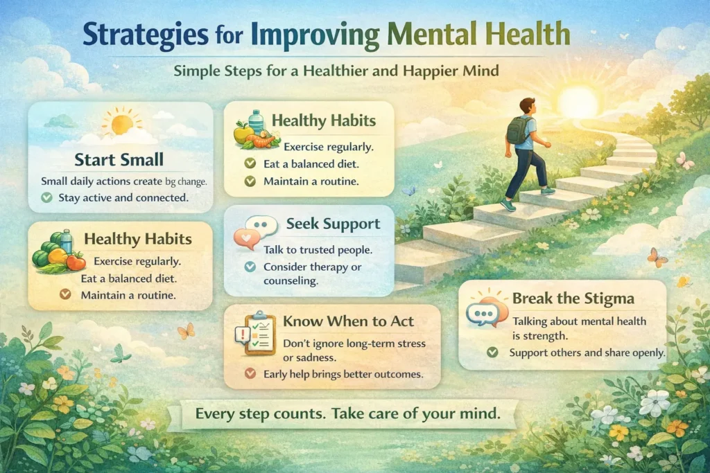 Understanding Mental Health and Wellness - Care Yourself person walking toward sunrise with mental health improvement strategies and healthy habits guide