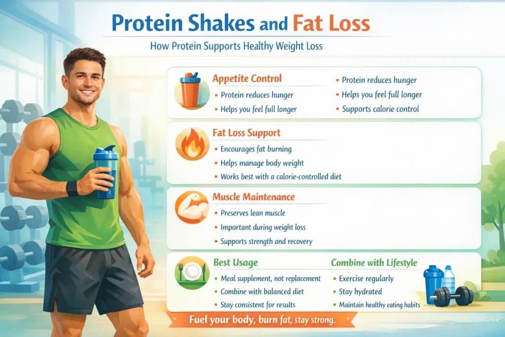Protein Shakes and Fat Loss - Lose Weight protein shakes fat loss benefits man holding shaker gym infographic weight loss muscle maintenance
