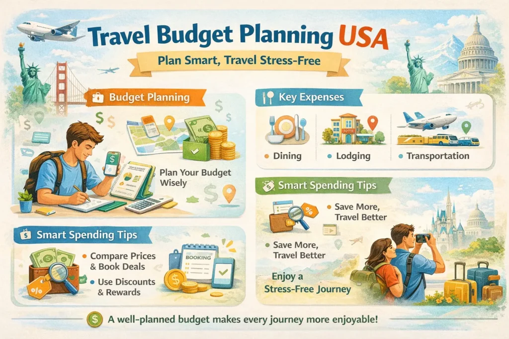 Best Places to Visit in the USA - Discover Places travel budget planning usa infographic showing expenses tips dining lodging transportation smart spending guide