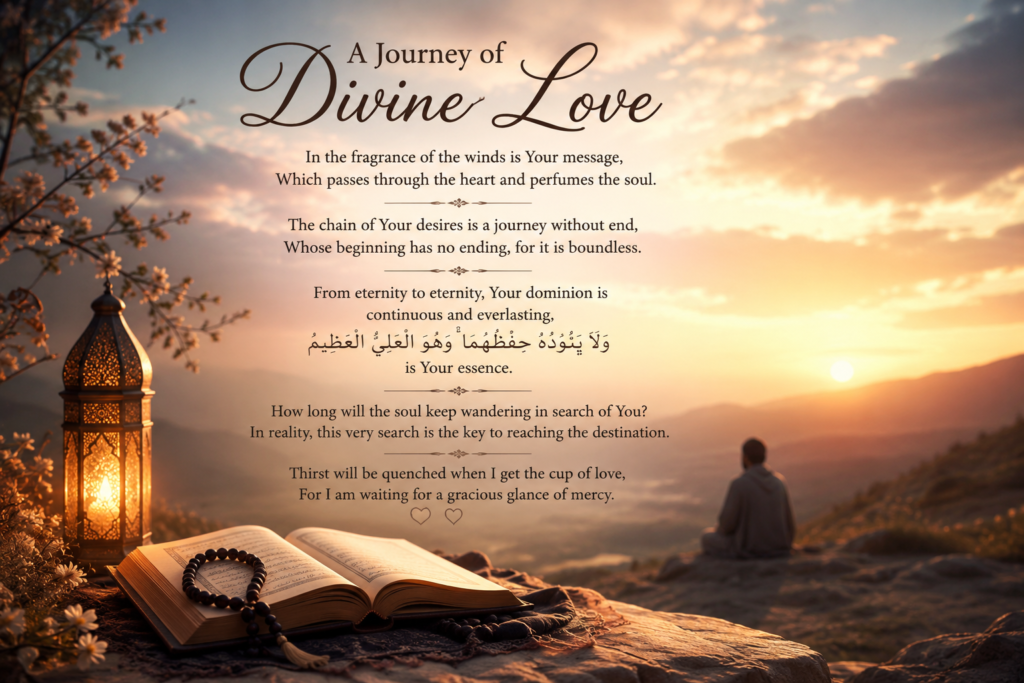 a soul searching for divine love sitting by quran and lantern at golden sunset