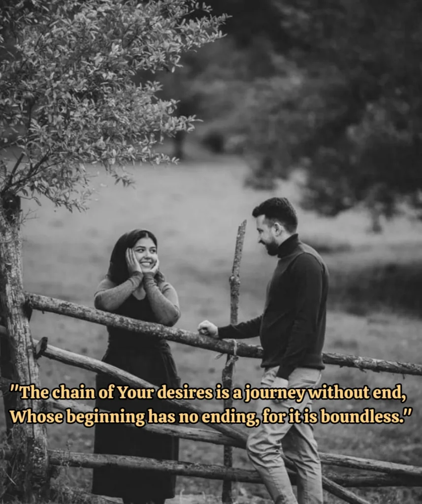 couple talking near wooden fence chain of your desires is a journey without end whose beginning is boundless