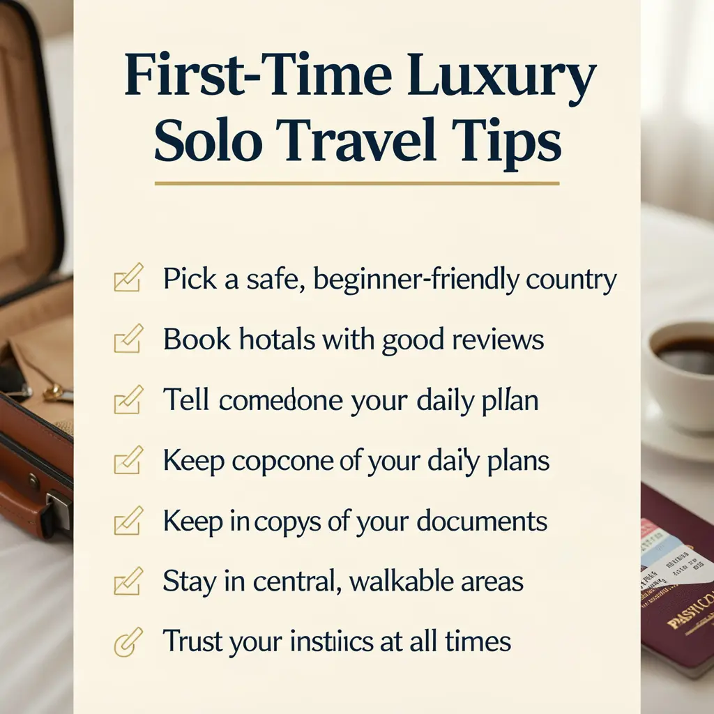 first time luxury solo travel tips checklist suitcase passport