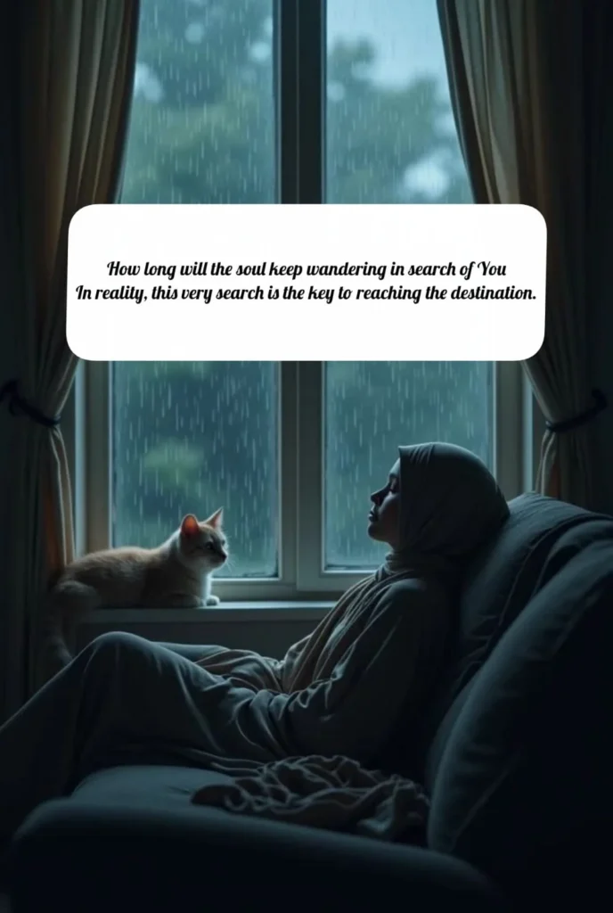 hijabi girl sitting by rainy window how long will soul keep wandering in search of you key to reaching destination