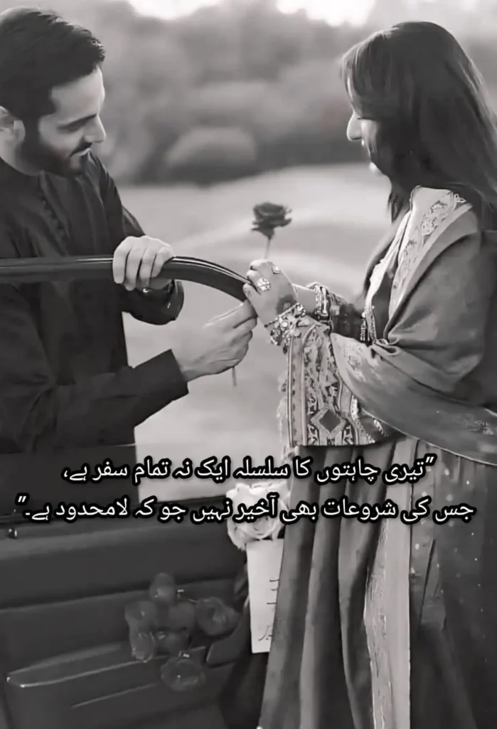 man giving rose to woman love urdu poetry romantic couple black white