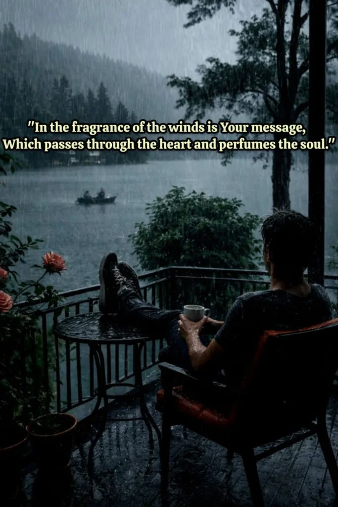 man sitting in rain with coffee in fragrance of winds is your message which passes through heart and perfumes soul