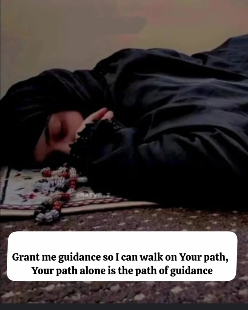 person prostrating in prayer holding tasbih grant me guidance walk your path islamic devotion