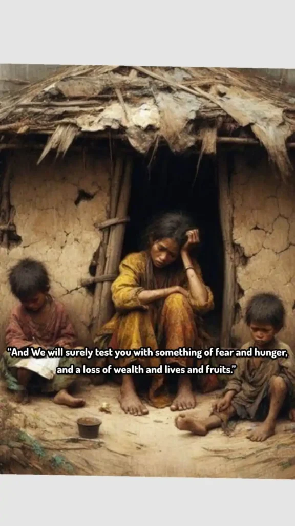 quran verse test with fear and hunger surah al baqarah poor mother and children outside hut