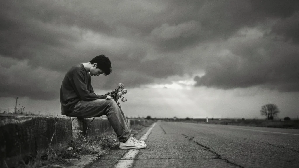 sad boy sitting alone with wilted roses on roadside sabr and hope quote background
