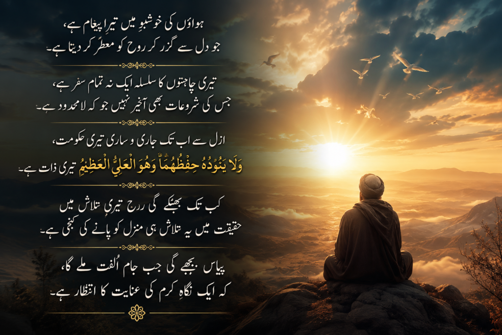 urdu spiritual poetry sufi man sitting on mountain at sunset with ayatul kursi verses