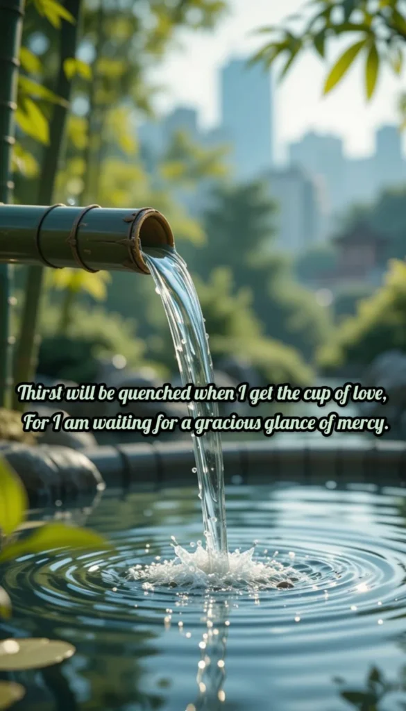 water flowing from bamboo pipe thirst will be quenched when i get cup of love waiting for gracious glance of mercy