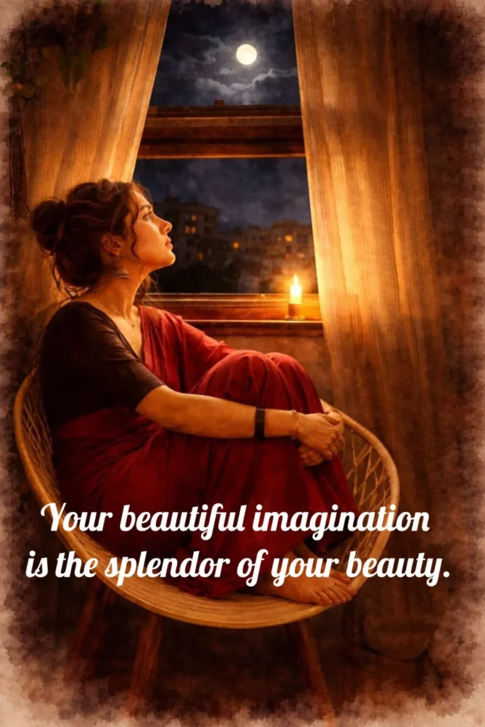 filename beautiful imagination quote woman in red saree sitting by moonlit window.webp