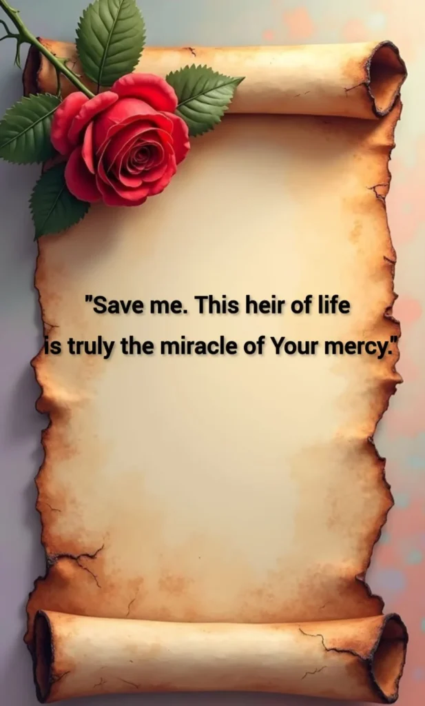 filename miracle of your mercy quote red rose on old parchment scroll background.webp