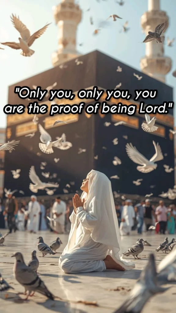 filename proof of being lord quote woman praying at kaaba with white doves flying.webp