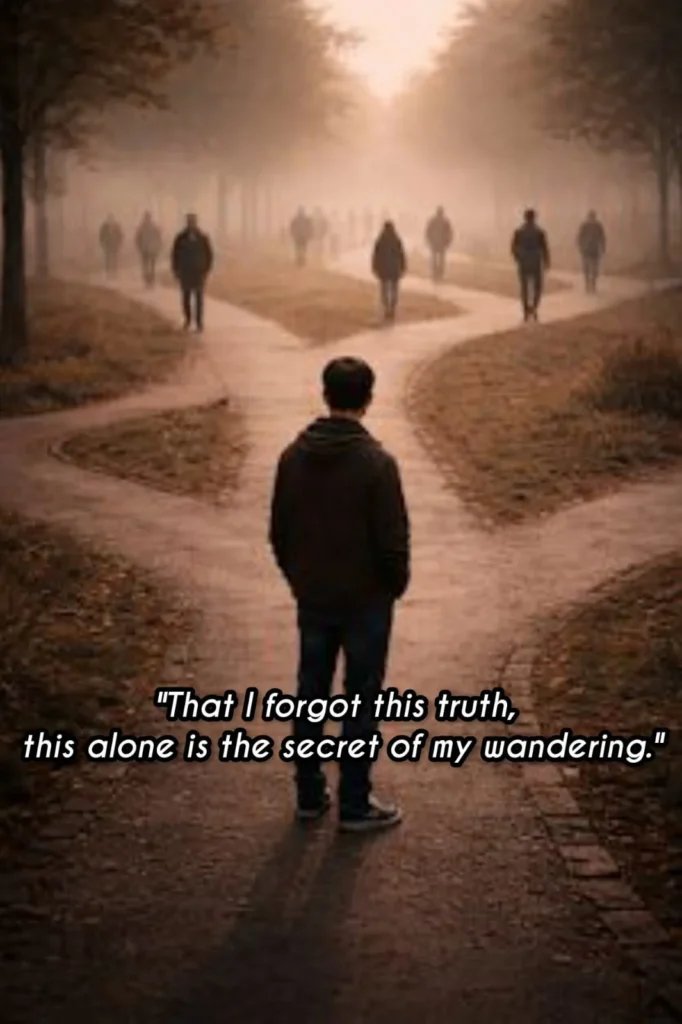 filename secret of my wandering quote man standing alone at foggy crossroads path.webp