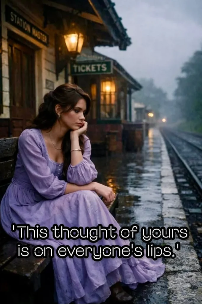 filename thought on everyones lips quote woman in purple dress rainy train station photo.webp