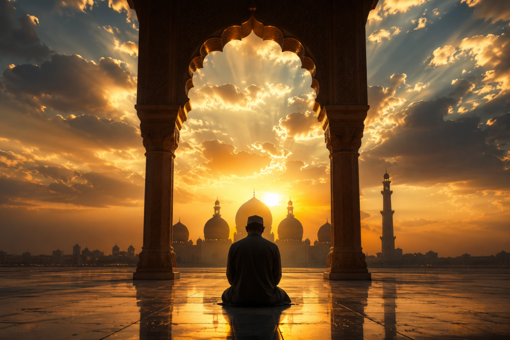 muslim man praying at mosque during golden sunset, silhouette framed by arched doorway