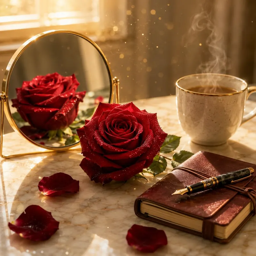 A mirror, roses and coffee on a marble table