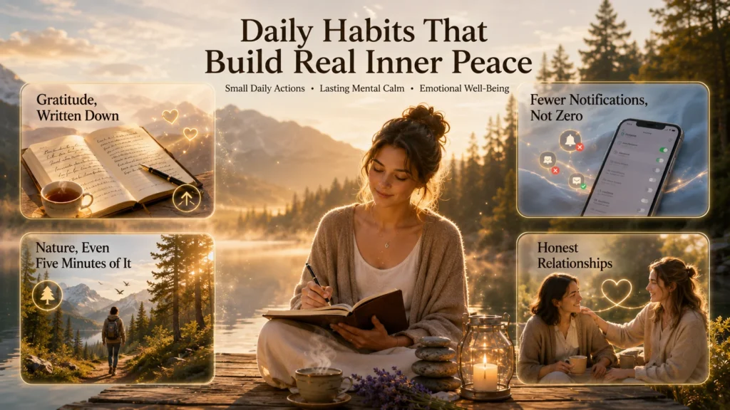 Daily habits for inner peace infographic with journaling, nature, and gratitude tips