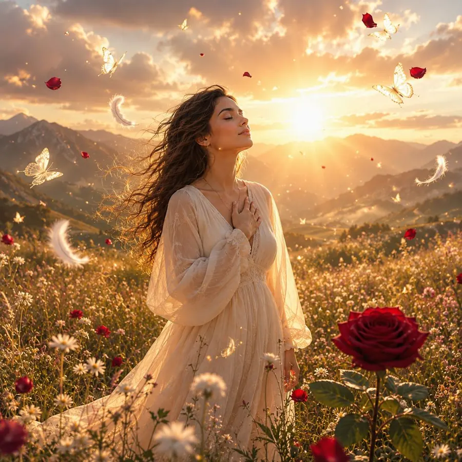 Woman standing in a flower field at sunset