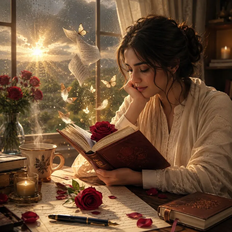 Woman reading a poetry book by a window