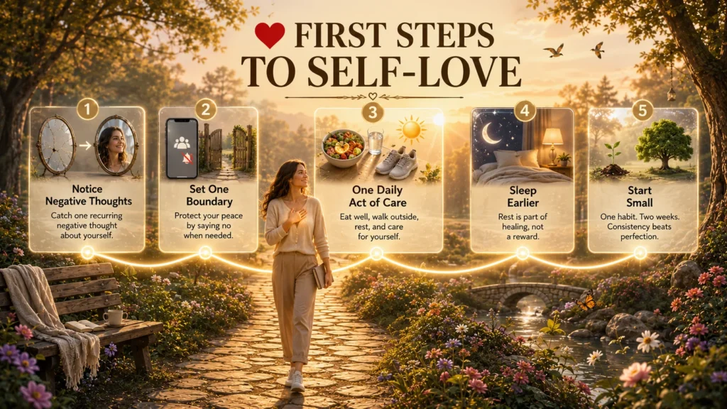 first steps to self-love guide with woman setting boundaries sleeping earlier and starting small