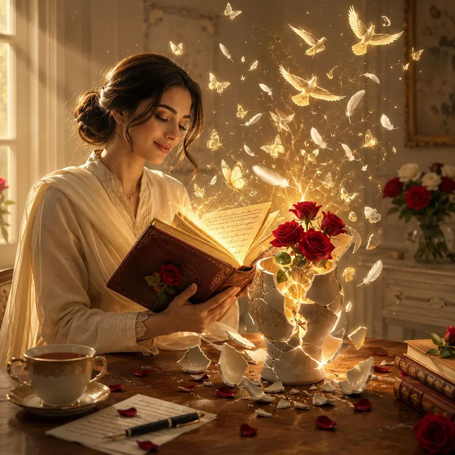 Woman reading a glowing book surrounded by doves and roses