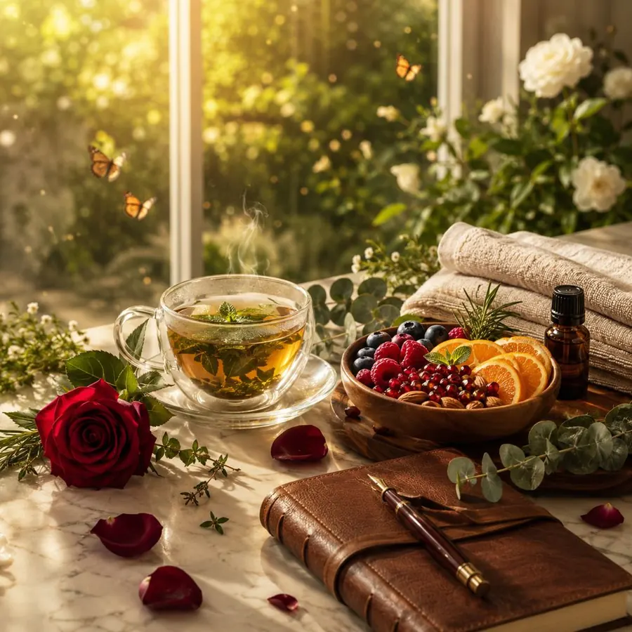 Tea, journal and roses on a sunlit table