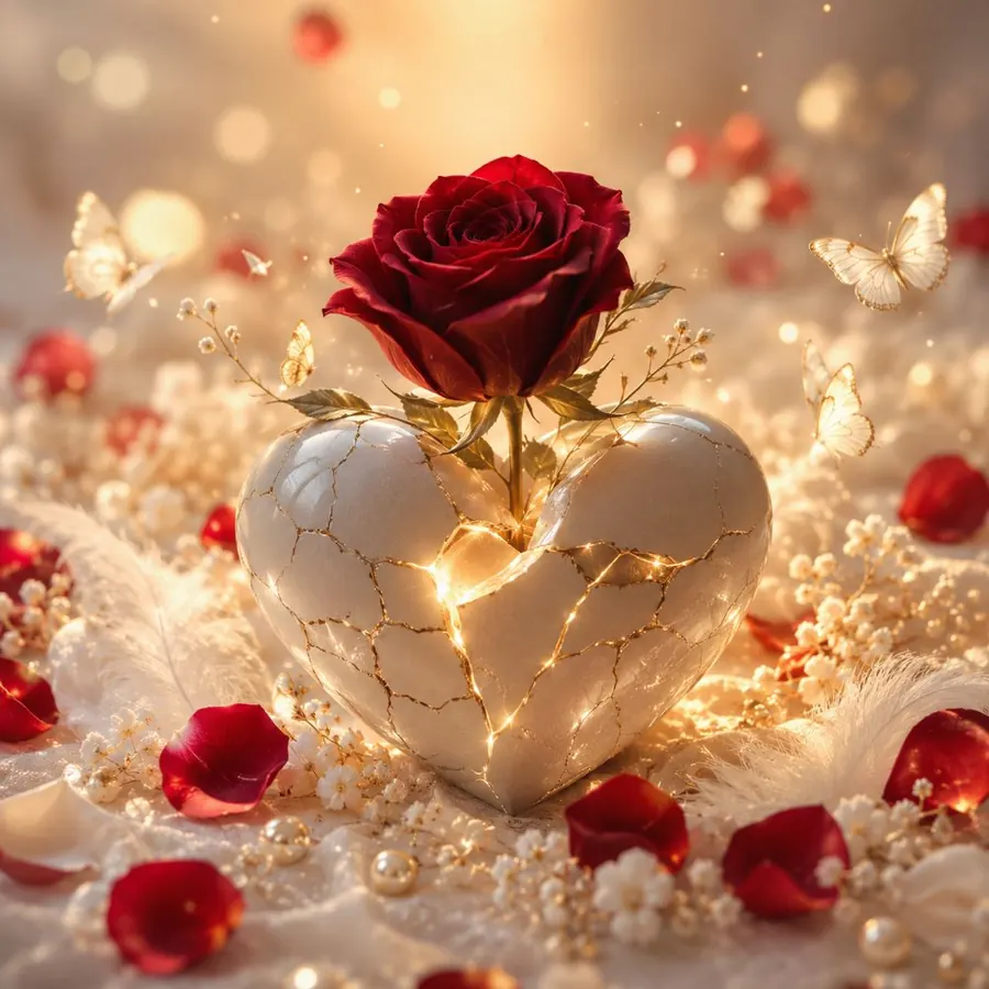 A single red rose growing from a cracked heart