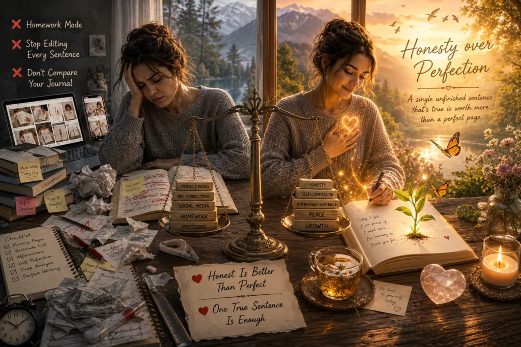 split-scene woman comparing perfectionist journaling stress with peaceful honest self-love journal writing