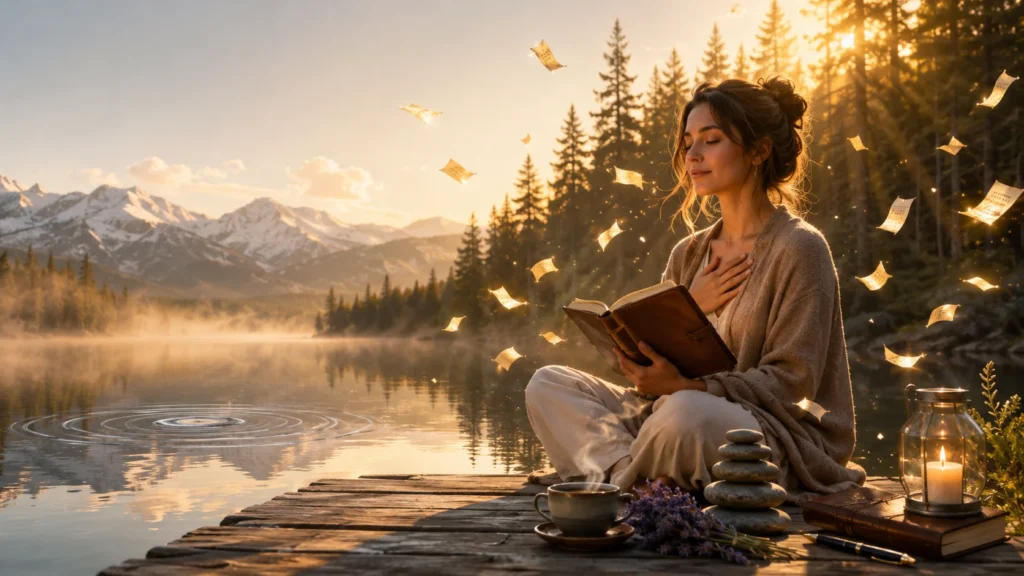 Woman meditating by lake for inner peace with glowing calm brain illustration