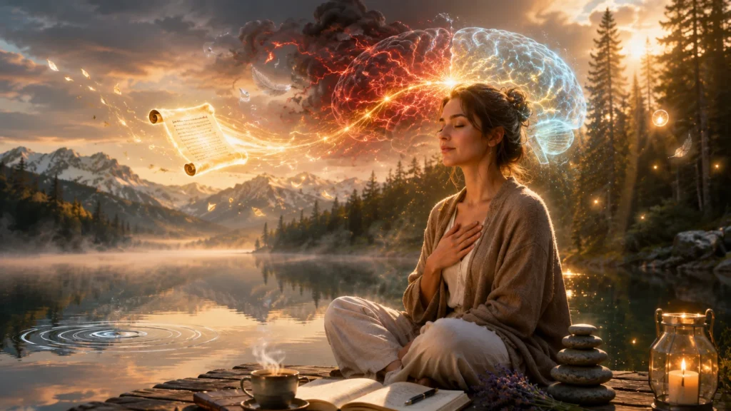 Woman journaling by lake at sunrise practicing inner peace morning ritual